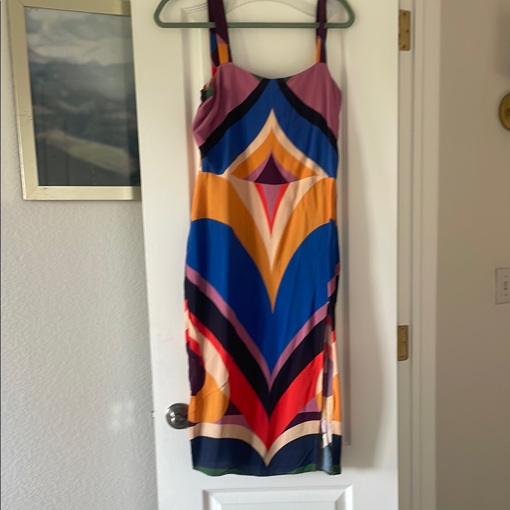 FARM Rio Blue and Orange (graphic heart) Strap Midi Sundress